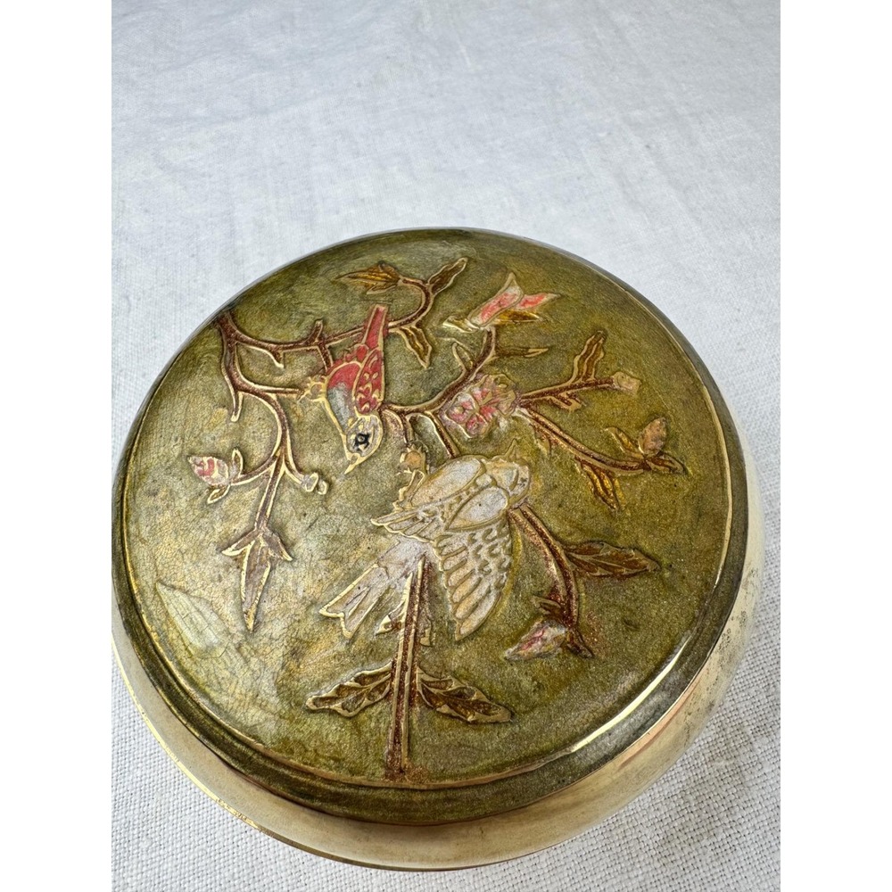 Vintage Brass Champleve Trinket Compact Bowl Bird Floral Enamel Lid Jewelry Box - Picture 4 of 11